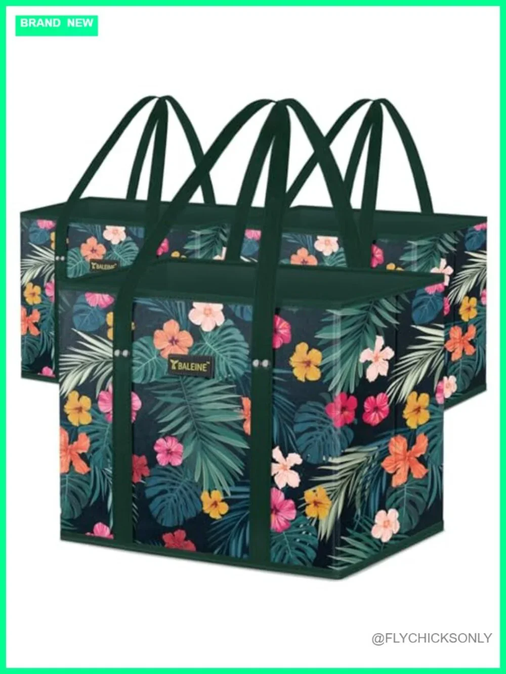 3pk Reusable Grocery Bags Foldable Shopping Totes Reinforced Bottom Handles